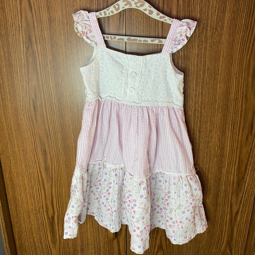 Blueberi Boulevard Seersucker Dress‎ Toddler 3T Pink Eyelet Lace Floral Tiered